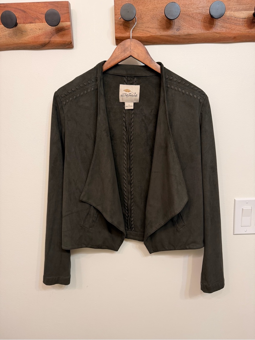 Faux Suede Open Front Jacket in Olive